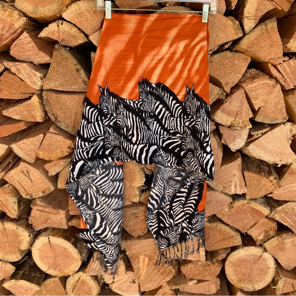 Vintage Zebra Print Scarf Wrap Orange Black Safari Animal Graphic One Size